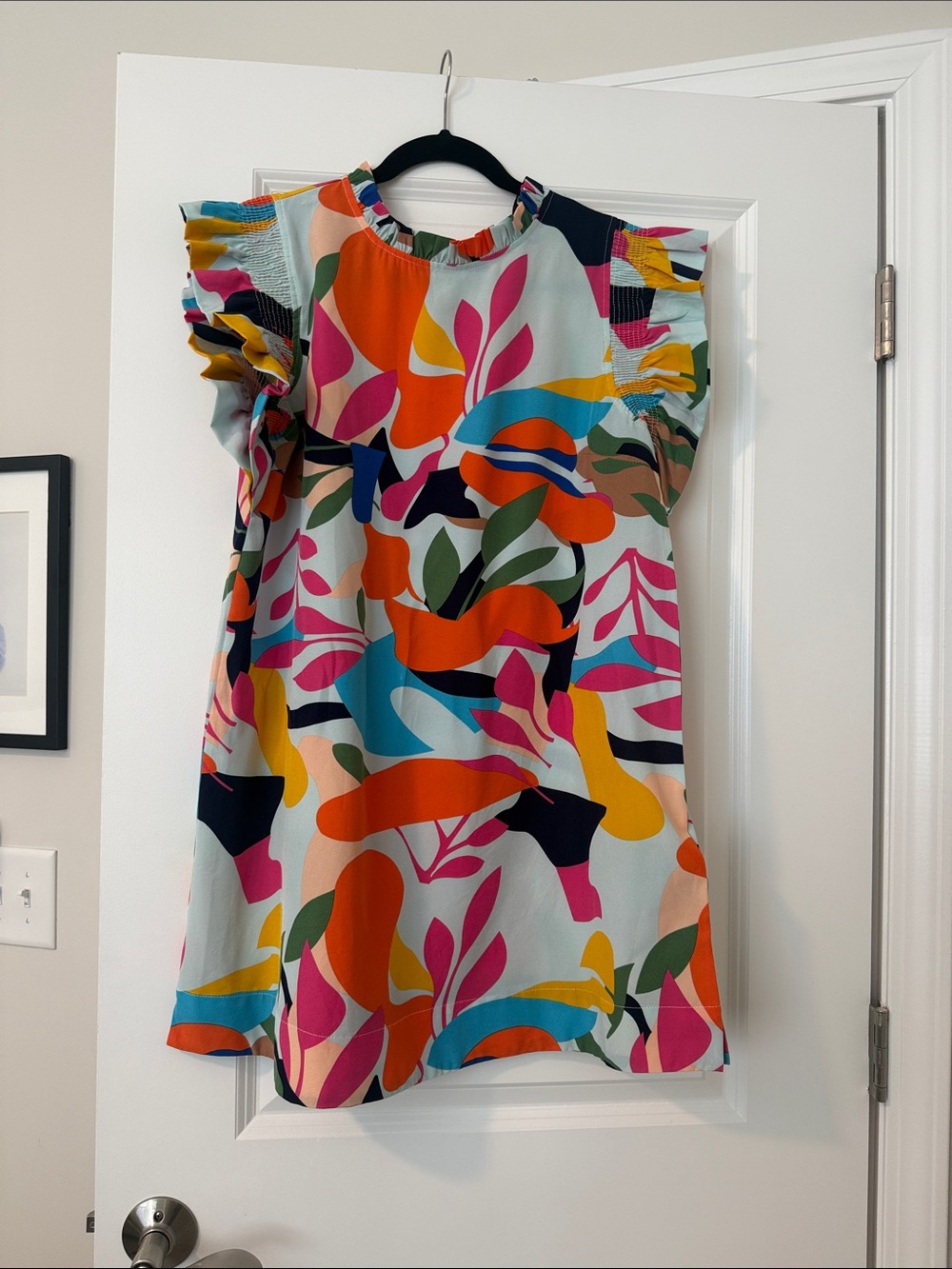 JODIFL Multicolor Leaf-Print Mini Dress in Sky Blue, Pink, Orange
